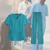 Maxbell women Nurse Uniform Multi Pockets Soft Top Pants Set for Massaging L blue