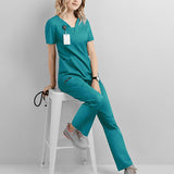 Maxbell women Nurse Uniform Multi Pockets Soft Top Pants Set for Massaging L blue