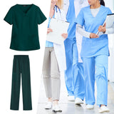 Maxbell women Nurse Uniform Multi Pockets Soft Top Pants Set for Massaging L green