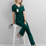 Maxbell women Nurse Uniform Multi Pockets Soft Top Pants Set for Massaging L green