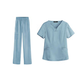 Maxbell women Nurse Uniform Multi Pockets Soft Top Pants Set for Massaging L light blue