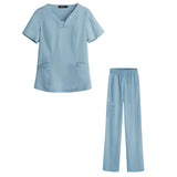 Maxbell women Nurse Uniform Multi Pockets Soft Top Pants Set for Massaging L light blue