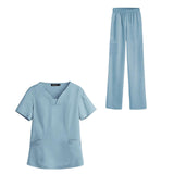 Maxbell women Nurse Uniform Multi Pockets Soft Top Pants Set for Massaging XL light blue