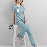 Maxbell women Nurse Uniform Multi Pockets Soft Top Pants Set for Massaging XL light blue