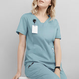 Maxbell women Nurse Uniform Multi Pockets Soft Top Pants Set for Massaging XL light blue