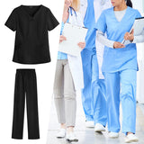 Maxbell women Nurse Uniform Multi Pockets Soft Top Pants Set for Massaging L black