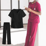 Maxbell women Nurse Uniform Multi Pockets Soft Top Pants Set for Massaging L black