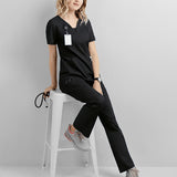Maxbell women Nurse Uniform Multi Pockets Soft Top Pants Set for Massaging L black