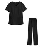 Maxbell women Nurse Uniform Multi Pockets Soft Top Pants Set for Massaging XL black