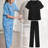 Maxbell women Nurse Uniform Multi Pockets Soft Top Pants Set for Massaging XL black