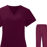 Maxbell Women Nurse Uniform Short Sleeved Top and Pants for Beauty Salon Workwear  XXL Claret