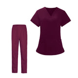 Maxbell Women Nurse Uniform Short Sleeved Top and Pants for Beauty Salon Workwear  XXL Claret