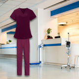 Maxbell Women Nurse Uniform Short Sleeved Top and Pants for Beauty Salon Workwear  XXL Claret
