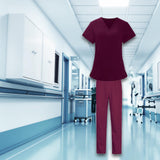 Maxbell Women Nurse Uniform Short Sleeved Top and Pants for Beauty Salon Workwear  XXL Claret