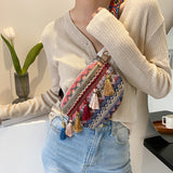 Maxbell Bohemian Fanny Pack Bag Fashionable with Tassels Chest Bag for Running Pink