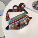 Maxbell Bohemian Fanny Pack Bag Fashionable with Tassels Chest Bag for Running Blue