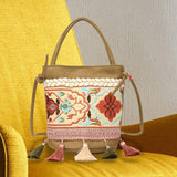 Maxbell Women Embroidered Shoulder Bag with Tassels Handbag Canvas Crossbody Bags Khaki