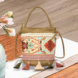 Maxbell Women Embroidered Shoulder Bag with Tassels Handbag Canvas Crossbody Bags Khaki