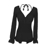 Maxbell Bathing Suit Lace Bikini Swimsuit Long Sleeve Summer Women Onepiece Swimwear Black S