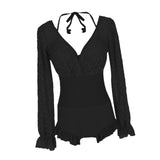 Maxbell Bathing Suit Lace Bikini Swimsuit Long Sleeve Summer Women Onepiece Swimwear Black S