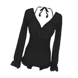 Maxbell Bathing Suit Lace Bikini Swimsuit Long Sleeve Summer Women Onepiece Swimwear Black S