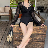 Maxbell Bathing Suit Lace Bikini Swimsuit Long Sleeve Summer Women Onepiece Swimwear Black M