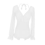 Maxbell Bathing Suit Lace Bikini Swimsuit Long Sleeve Summer Women Onepiece Swimwear White S