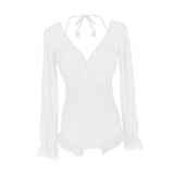 Maxbell Bathing Suit Lace Bikini Swimsuit Long Sleeve Summer Women Onepiece Swimwear White L