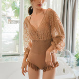 Maxbell Bathing Suit Lace Bikini Swimsuit Long Sleeve Summer Women Onepiece Swimwear Coffee M