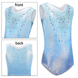 Maxbell Girls Gymnastics Leotards Sleeveless Shiny Rhinestones Blue Outfit Sportwear 8