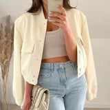 Maxbell Women's Jacket Spring for Women Ladies Cropped Two Large Pockets Casual Coat M Beige