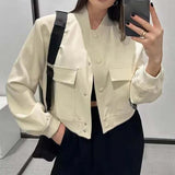 Maxbell Women's Jacket Spring for Women Ladies Cropped Two Large Pockets Casual Coat M Beige