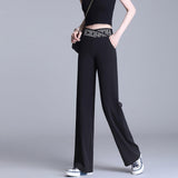 Maxbell Straight Wide Leg Womens Pants Girls Elastic Lady Loose suits Pants Trousers 2XL Black