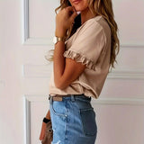 Maxbell Women Ruffle Short Sleeve Y2K Khaki Summer Top for Sports Commuting Vacation