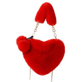 Maxbell Fuzzy Crossbody Bag with Chain Strap Shoulder Bag Small Heart Shaped Handbag Red