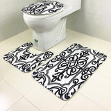 Max 3 Pieces Flannel Toilet Lid Non Slip Bath Mat Bathroom Rug Set Black Vine