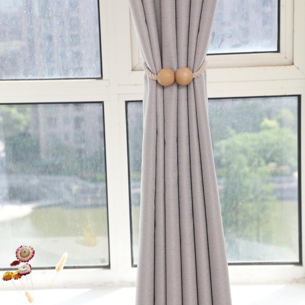 Max 1 Pair Magnetic Wooden Beads Window Curtain Tie Back Beige