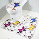 Max 3 Pieces Non-slip Bathroom Bath Mat U-Shape Contour Mat Toilet Lid Cover Pebbles and Butterflies