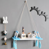 Max Wood Hanging Shelf Wall Swing Storage Floating Rack Tassel Rope Shelf Blue