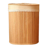Max Bamboo Woven Foldable Storage Bin Oval Laundry Basket with Lid