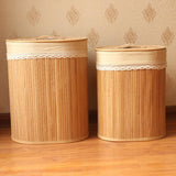 Max Bamboo Woven Foldable Storage Bin Oval Laundry Basket with Lid