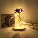 Maxbell Rose In Glass Dome Wooden Base Led Flower Lamps Purple