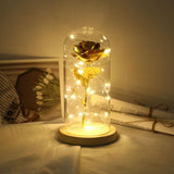 Maxbell Rose In Glass Dome Wooden Base Led Flower Lamps Golden