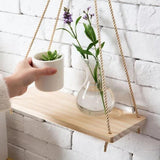 Hanging Rope Wall Mounted Shelves Plant Flower Pot Rack Stand L-Wooden
