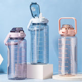Maxbell Motivational Water Bottle with Carry Handle, Time Marker & Straw Blue