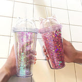 Maxbell Sequins Double Wall Tumbler Flash Powder Cup with Straw & Lid Black