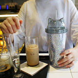 Maxbell Sequins Double Wall Tumbler Flash Powder Cup with Straw & Lid Black