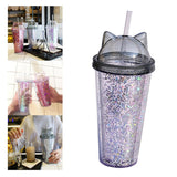 Maxbell Sequins Double Wall Tumbler Flash Powder Cup with Straw & Lid Black