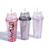 Maxbell Sequins Double Wall Tumbler Flash Powder Cup with Straw & Lid Clear