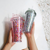 Maxbell Sequins Double Wall Tumbler Flash Powder Cup with Straw & Lid Clear